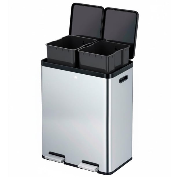 EKO Essential Recycler. Bote de basura rectangular con pedal doble compartimento 30L y 30L. Acabado acero inoxidable cierre suave de tapa.