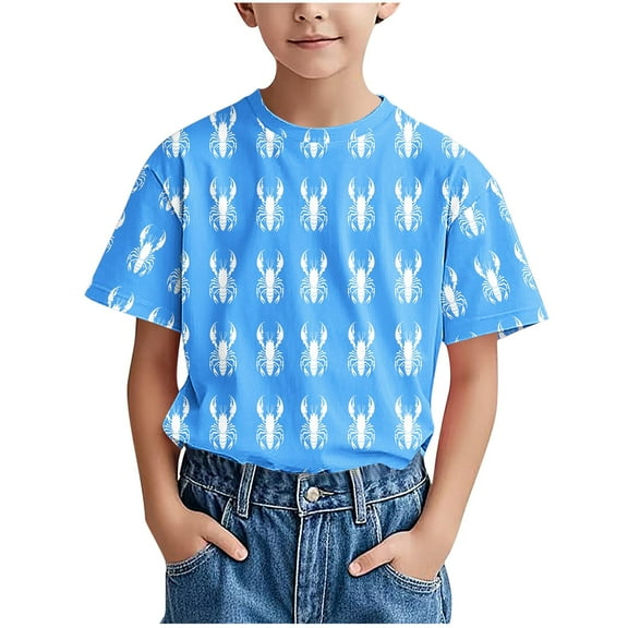 Gpaecead Toddler Boys Girls Shirts Cartoon Casual Lobster Printed Shirt Summer Short Sleeve Round Neck T-Shirt for Kids 4 Years Light Blue
