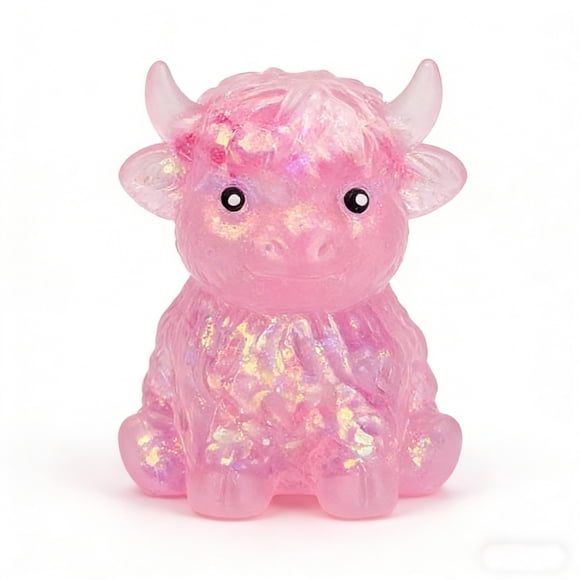 Rijanmt Glitter Highland Cow Squishies Squeeze Animal,Mini Cattle Soft Silicone Pinch Pressure Reducing,Slow Rising Sensory Fidget Stress Decor,Gift for Adults,Cow Lovers,Pink