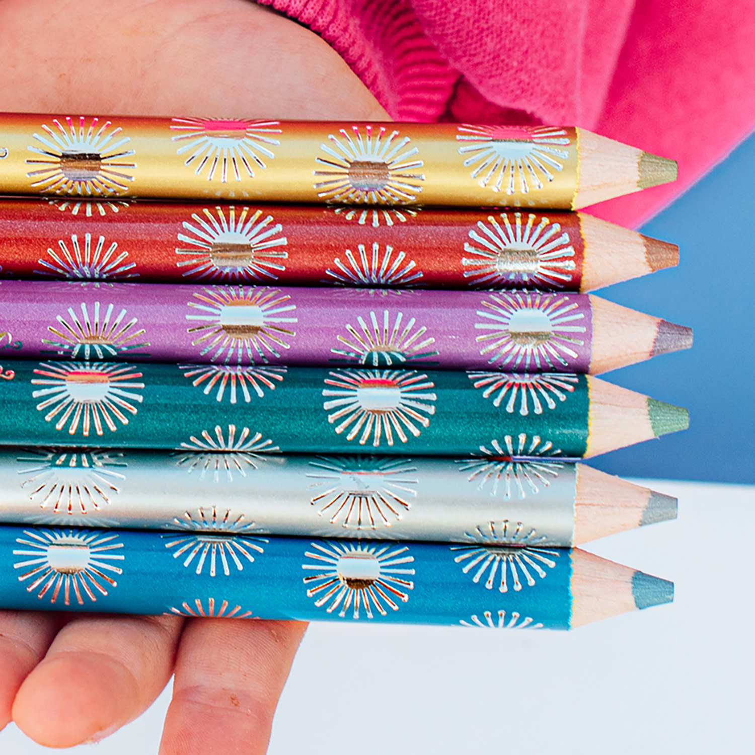 eeBoo: Jumbo Double-Sided Colored Pencils – Fairytale Dragon - 6pc, 12 Metallic & Fluorescent Colors, Sharpener, Chunky Foil Barrel, Kids Art Supplies