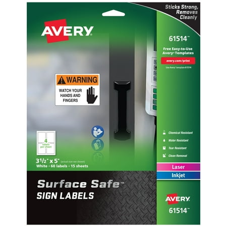 UPC: 0072782615147 | Avery Removable Label Safety Signs  3-1/2  x 5   Printable  Water/Chemical Resistant  60 Labels (61514)