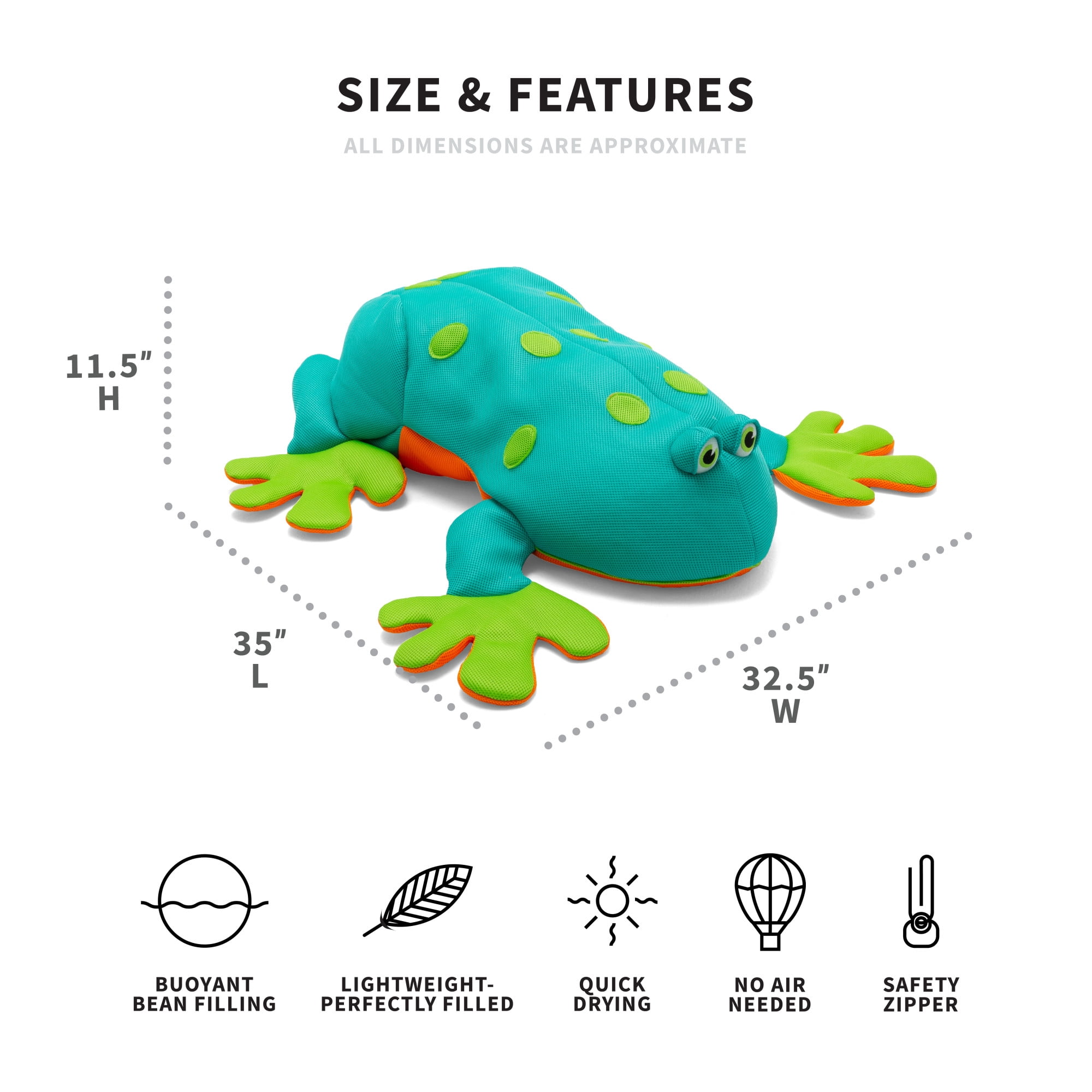 Big Joe Pool Petz Large Frog Animal Pool Toy Float, Frog Shape Mesh, Quick Draining Fabric, 3 feet