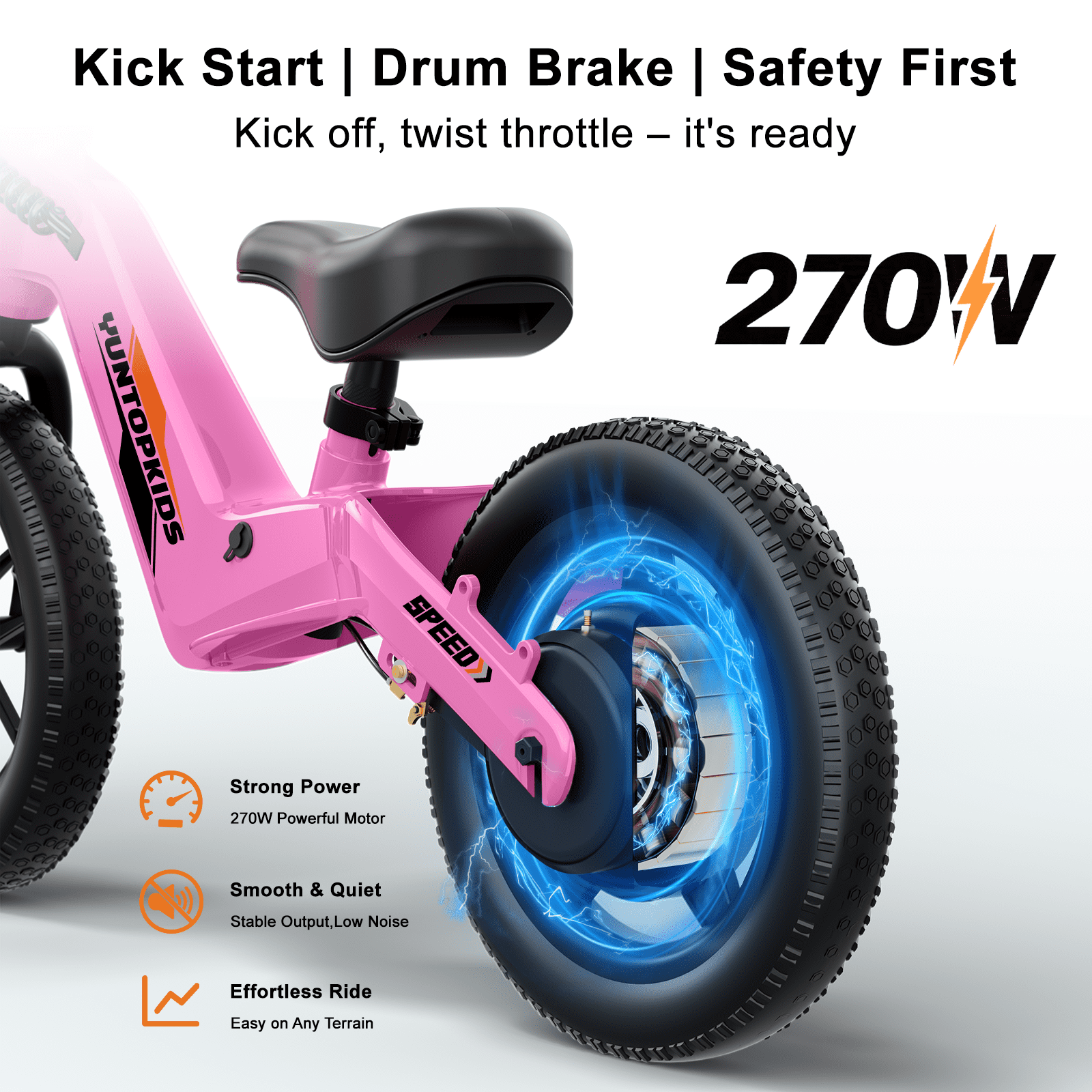 YunTopKids Electric Bike for Kids, 180W Motor Electric Balance Bike with 14 Inch Pneumatic Tires, up to 9.3MPH& 3 Speed Settings, Adjustable Seat for Ages 3-6,Pink
