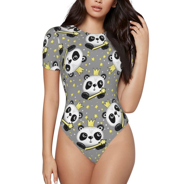 Balery Panda With Crown And Stars Body de cuello redondo de manga corta para mujer Tops de manga corta Tops básicos-Small