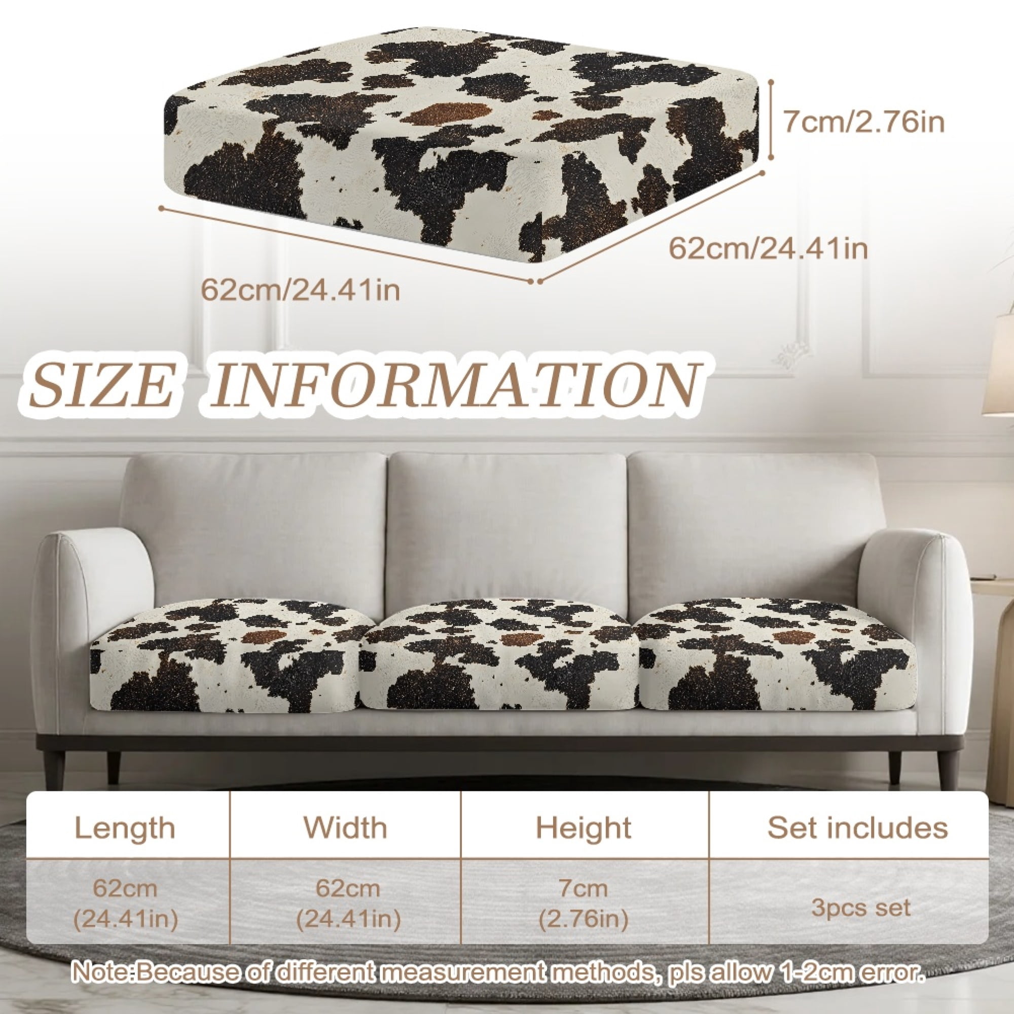 TSOVTHRID 3 Piece Couch Cushion Covers, Brown Beige Cow Pattern Stretch Sofa Seat Slipcovers for Pets, Furniture Protector for Armchair Loveseat Sofa with Elastic Band, 24x24 Inch