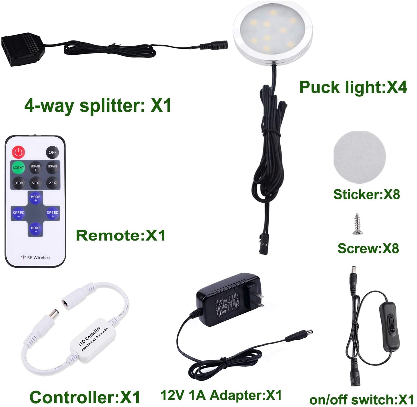 LED Under Cabinet Lighting Kit with 4 Puck Lights - Dimmable Wireless RF Remote Control for Kitchen Counter Accent Lighting - Daylight White(6000K))