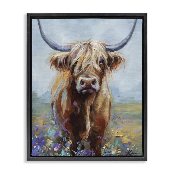 Stupell Industries Cottage Highland Cow with Daubed Flowers Black Floating Frame Canvas Art, 17 x 21, by Lindsay Kivi Fine Art