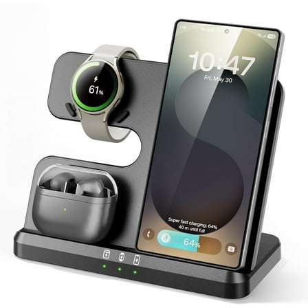3 in 1 Charging Station for Samsung, Wireless Phone and Watch Charger for Galaxy S25 Ultra/S24/S23/Z Fold, Qi-Certified Fast Charging for Samsung Watch Galaxy 8/7/6/5, Galaxy Buds 3/2/Pro