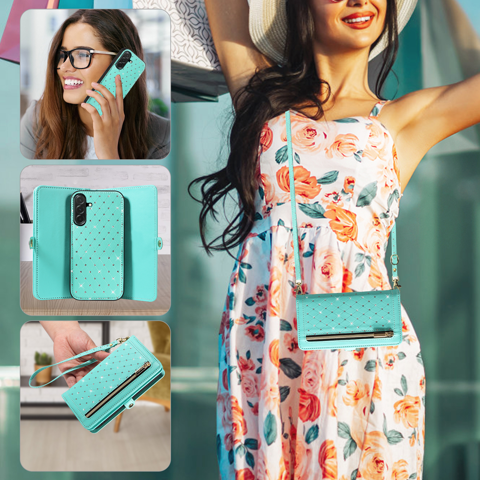 Asuwish Phone Case for Samsung Galaxy A16 5G/4G Zipper Wallet Detachable Cell Cover with Tempered Glass Screen Protector Crossbody Lanyard Strap Bling Glitter Flip Card Holder Slot SM-A 16 16A Green