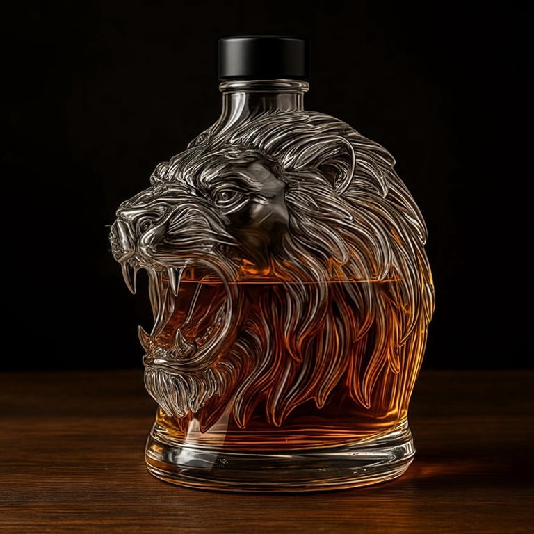 VMWMSSR Lion Head Glass Decanter Bottle, 7.08In Embossed Animal