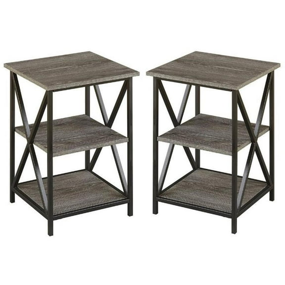 Home Square Tucson Three-Tier End Table in Weathered Gray Wood Finish - Set of 2
