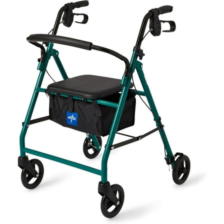 Medline Aluminum Rollator, Folding Rolling Walker, 6" Wheels, 250lb Weight Capacity, Green