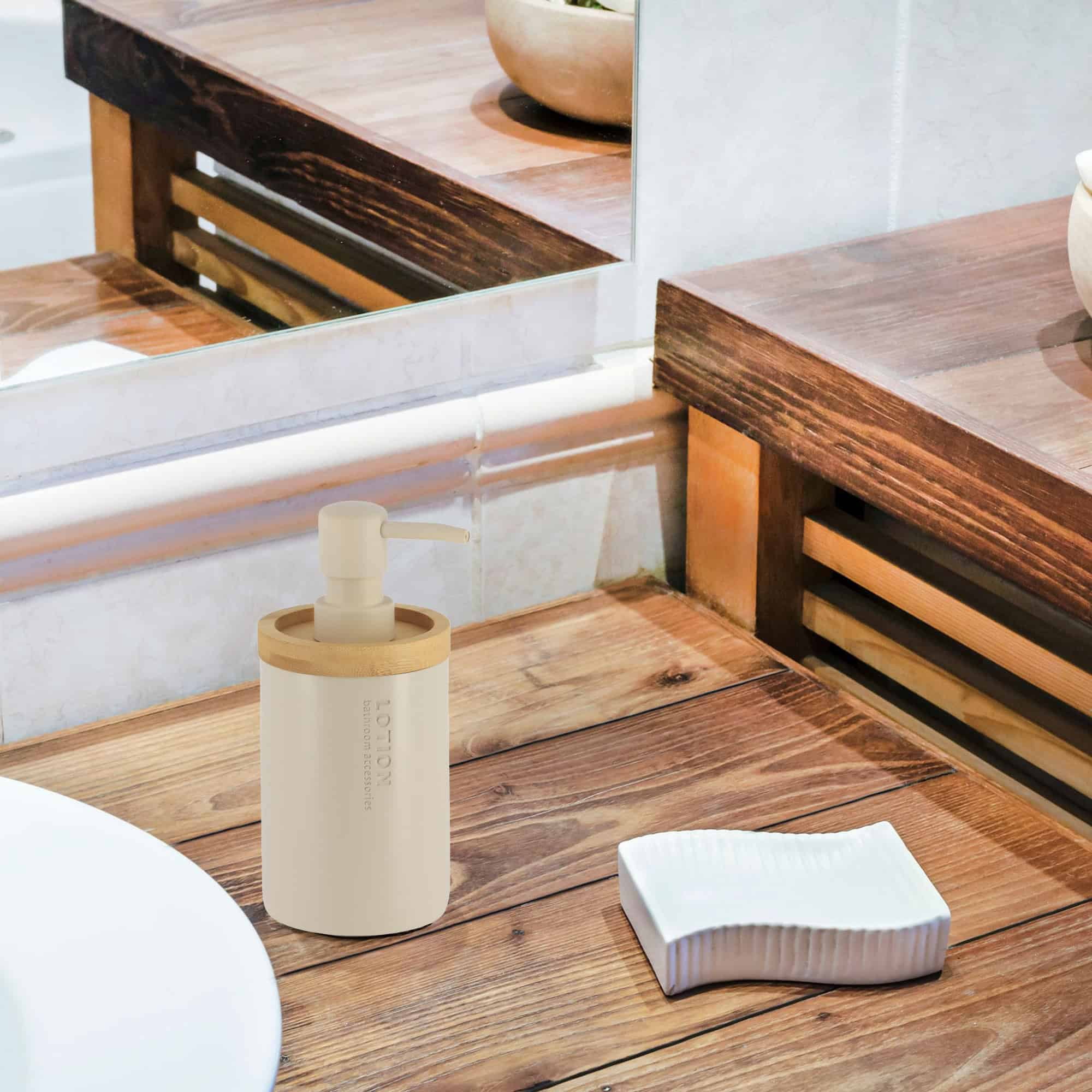 Stylish Matte Beige Soap Dispenser with Natural Bamboo Top - Polyresin Hand Lotion Pump, Modern Bath Accessory
