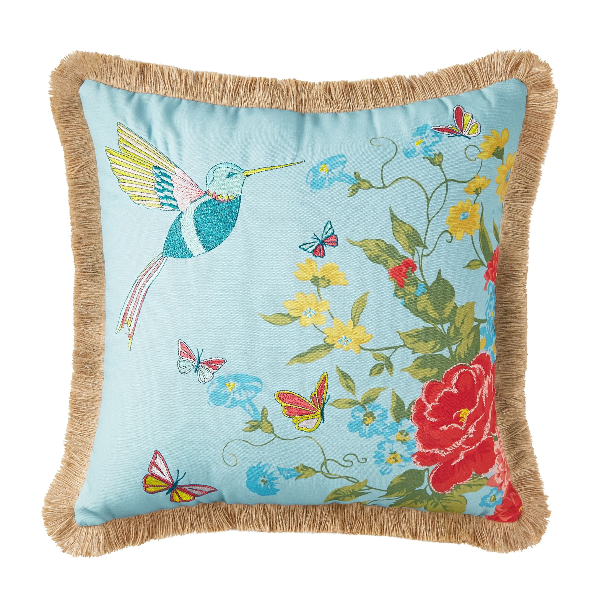 The Pioneer Woman Sweet Rose Embroidered Bird Outdoor Pillow, 20' x 20'