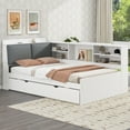 thumbnail image 3 of Twin Size Platform Trundle Bed, Corner Bed Frame with Bookcase and Trundle Bed, Daybed Storage Bed Bookcase Bed Frame for Living Room Bedroom Guest Room, White, 3 of 8