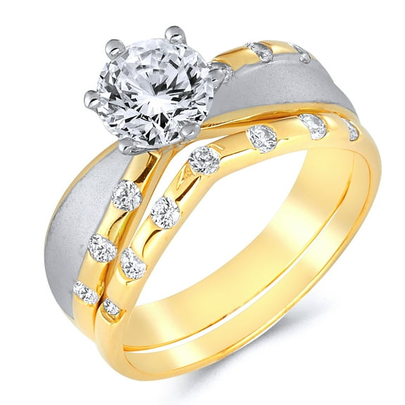 Wellingsale Ladies Solid 14k Two 2 Tone White and Yellow Gold Polished CZ Cubic Zirconia Round Cut Engagement Ring with Side Stones and Wedding Band Bridal Set - Size 4