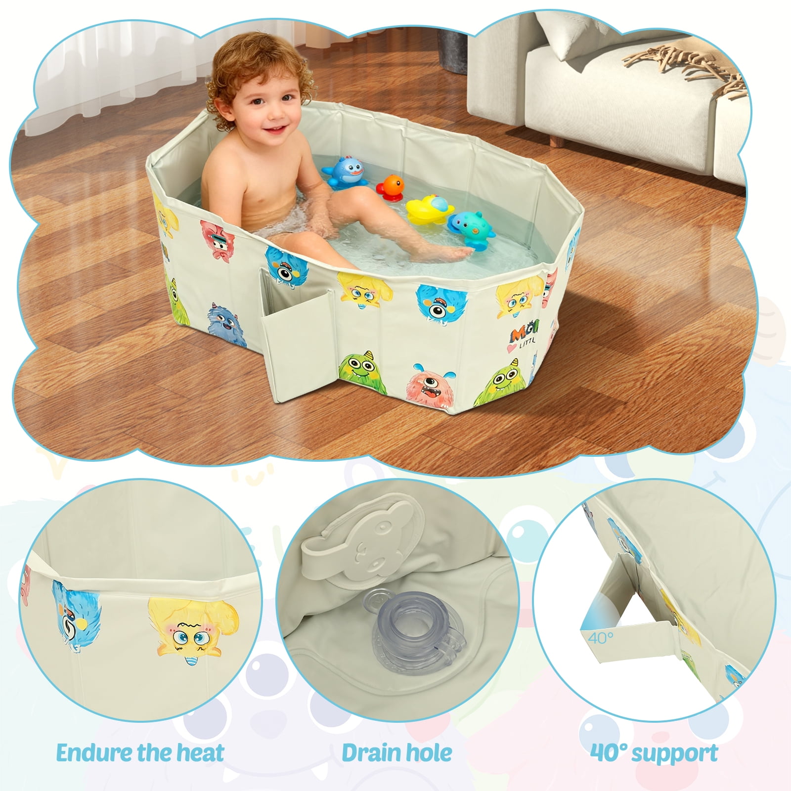 Austok Foldable Bathtub for Kids Multifunctional Portable Bath Tub Large Toddler Bath Tub for Ages Under 8 Integrated Design with Drainage Hole