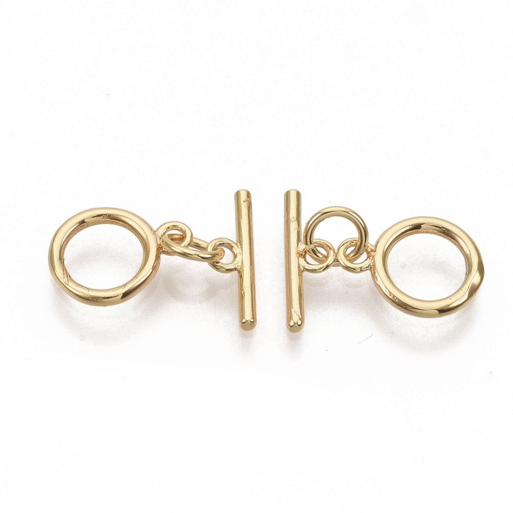 50Set Brass Toggle Clasps with Jump Rings Nickel Free Ring Real 18K Gold Plated Ring: 12x9x1.5mm Hole: 1.2mm Bar: 12.5x1.5mm Hole: 1.2mm Jump Ring: 5x0.8mm.