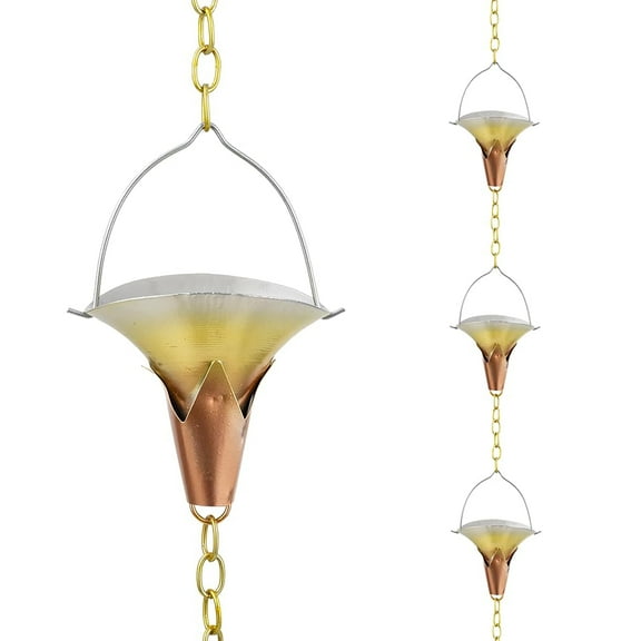 8.5 ft Rain Chain, Metal Rain Gutter Chain with 10 Morning Glory Shaped Cups, Adjustable Metal Rainwater Collection Chain