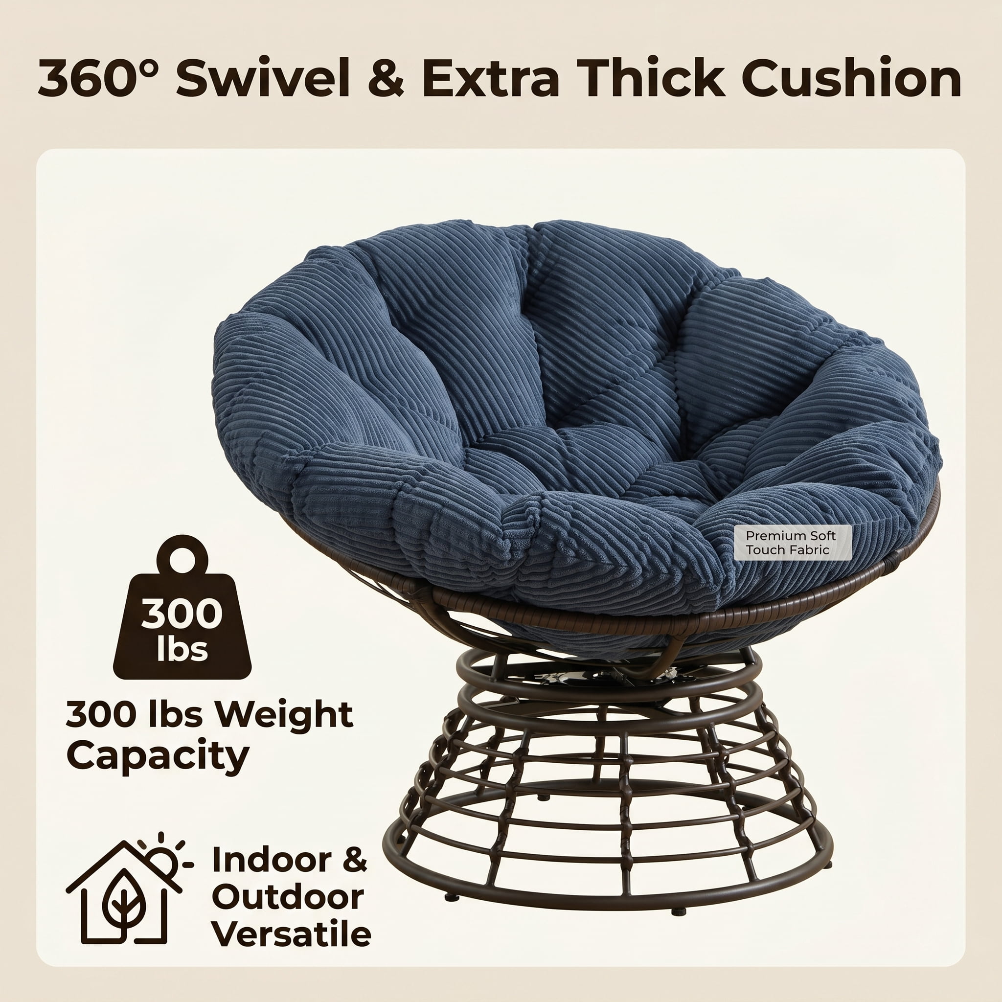 360° Swivel Wicker Papasan Chair with Ergonomic Over-Stuffed Cushion, Modern Rattan Saucer Chair for Living Room & Bedroom