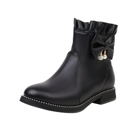 

Wesracia Boots For Women Winter Boots Ladies Cute Fashion Bow Solid Color Flat Round Toe Square Heel Short Student Style Boots