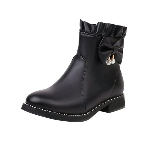 WEAIXIMIUNG Over The Knee Boots Small Calf Ladies Cute Fashion Bow Solid Color Flat Round Toe Square Heel Short Student Style Boots