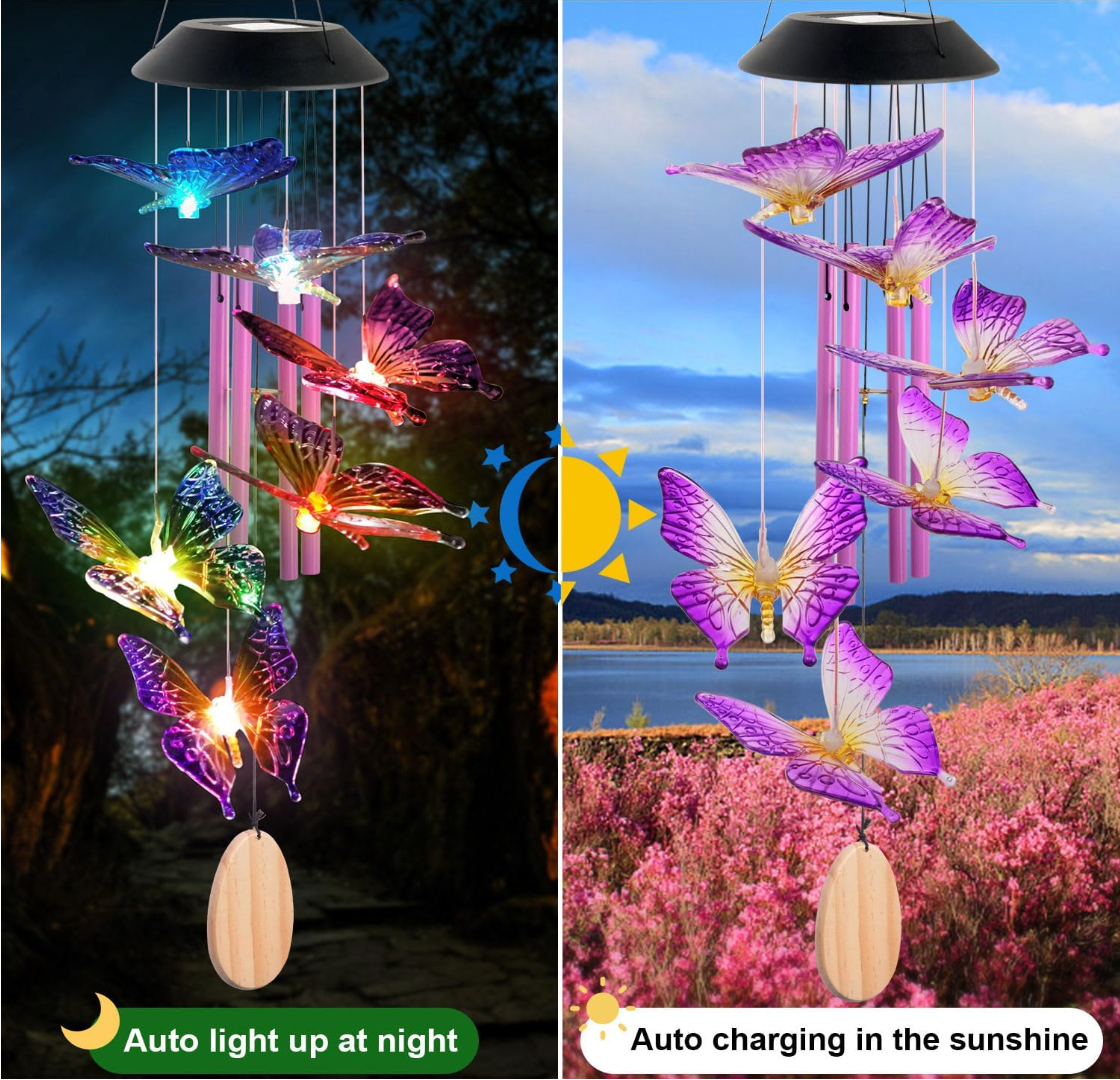 2pcs Butterfly Wind Chimes, Solar Lights Outdoor, Garden Decor, Mothers Day Gifts, Mom Gifts, Grandma Gifts, Outdoor Hanging Decor, Waterproof Solar Lights
