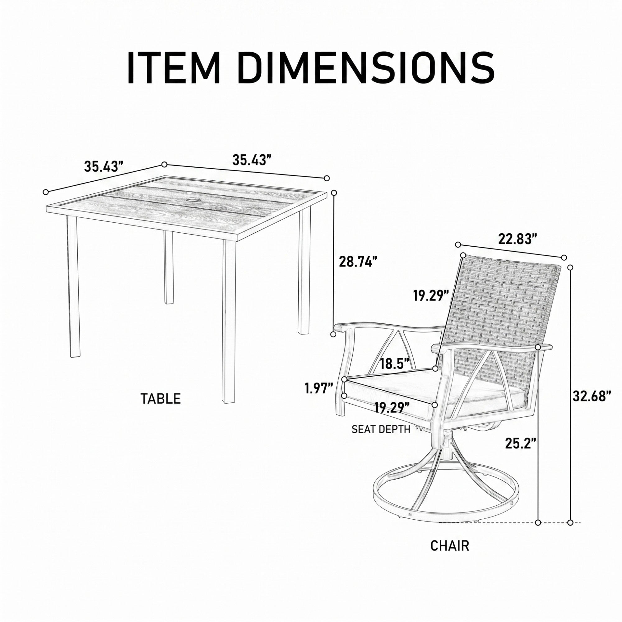Sailvan 5 Piece Wicker Outdoor Table and 4 Swivel Chairs,Patio Dining Set with Square Steel Table and Umbrella Hole,Brown