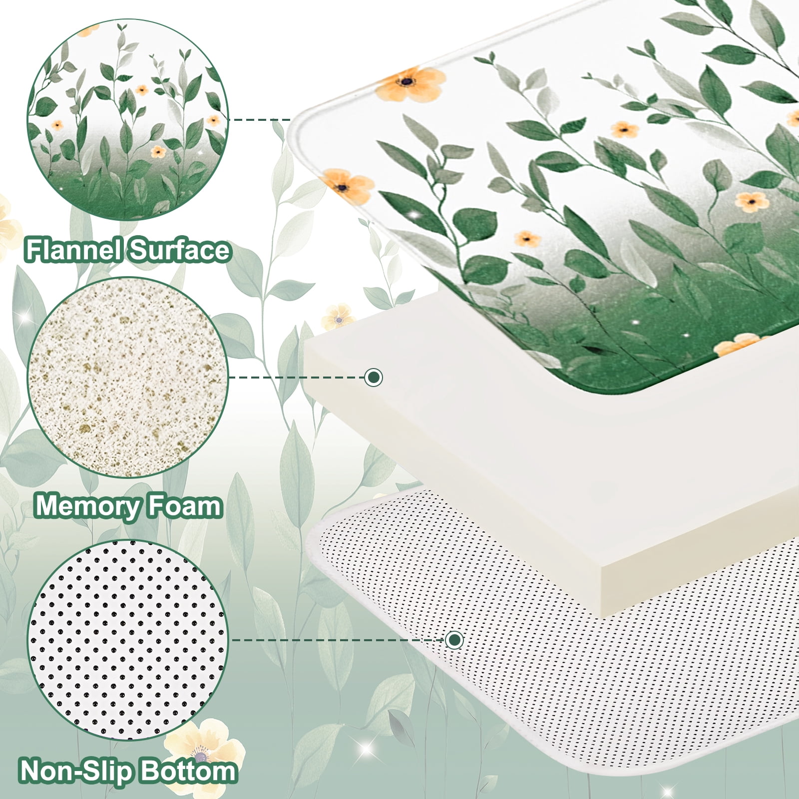 FRAMICS 16-Piece Ombre Floral Shower Curtain Sets with Rugs, Sage Green Eucalyptus Leaves Bathroom Sets, Waterproof Fabric Bathroom Curtain Decor with Hooks
