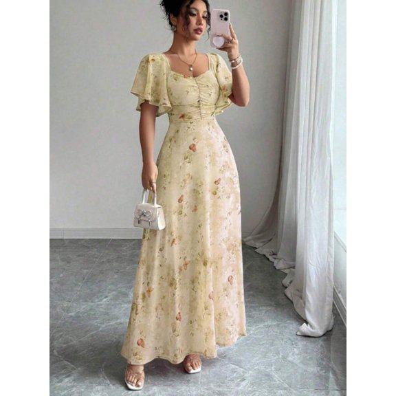Yellow Floral Maxi Dress Square Neck Puff Sleeve Ruched Waist A-Line Sundress