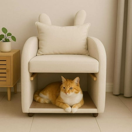 Bofang Pet Friendly Bunny Ear Armchair with Cat Hideaway,Beige