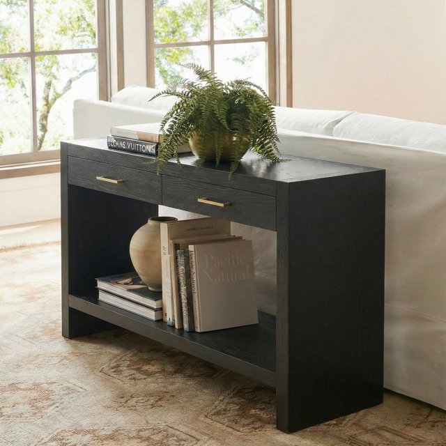 Black Wood Console Table with Storage - Entryway Sofa Table