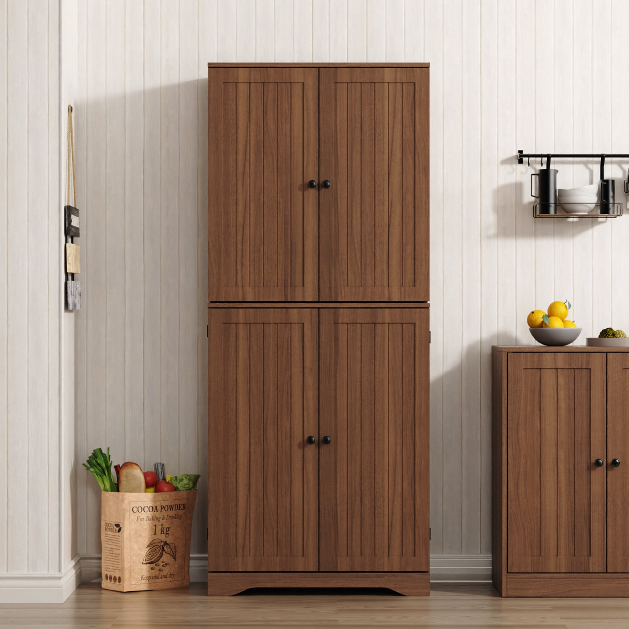 Farmhouse Pantry Storage Cabinet, 72" Tall Kitchen Pantry with Doors Organizer, Freestanding Cupboard with Adjustable Shelves, Rustic Buffet Cabinet for Kitchen, Dining Room, Bathroom, Oak