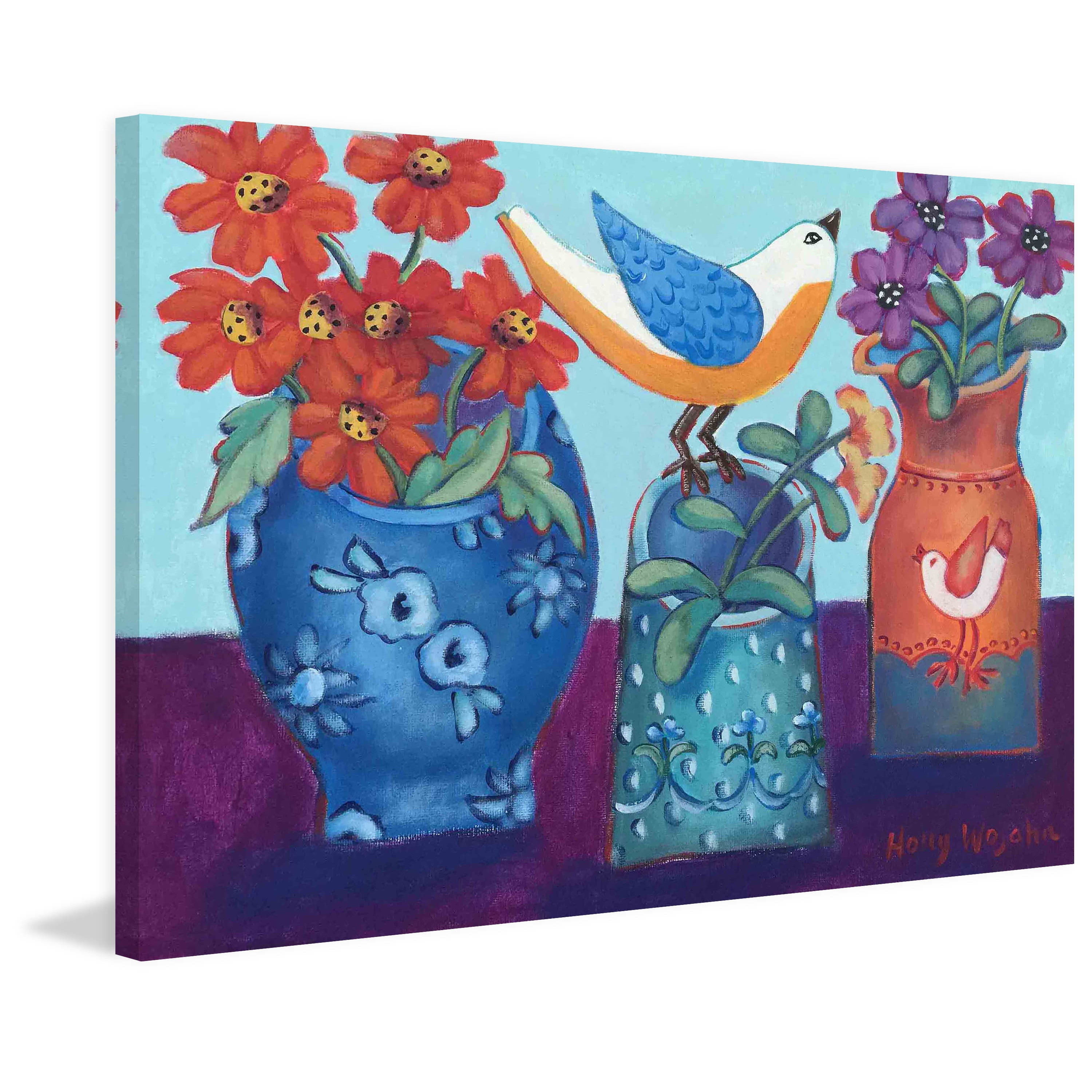 Marmont Hill "Blue and Orange Vases with Chirp" Painting Print on Canvas