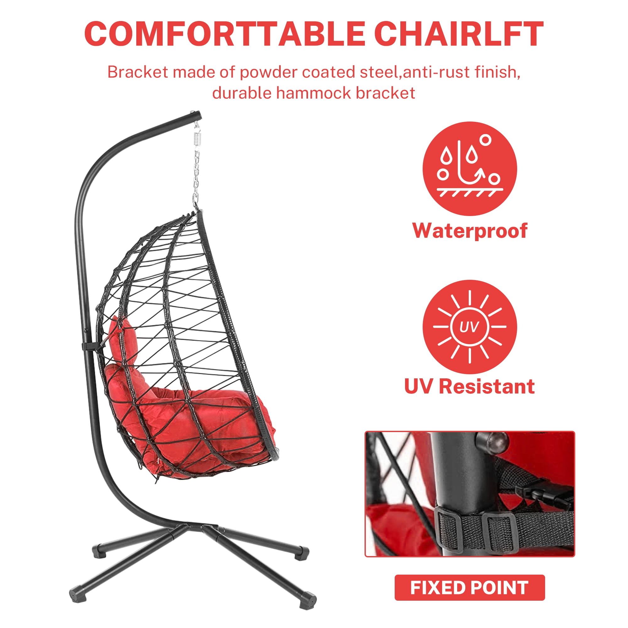 Hanging Hammock Chair, Wicker Egg Chair with Comfortable Seat and Back Cushion, 350LBS Capacity Egg Chair w/Stand, Durable All-Weather UV Rattan Lounge Chair for Patio, Deck, Yard, Garden, Red, SS1955