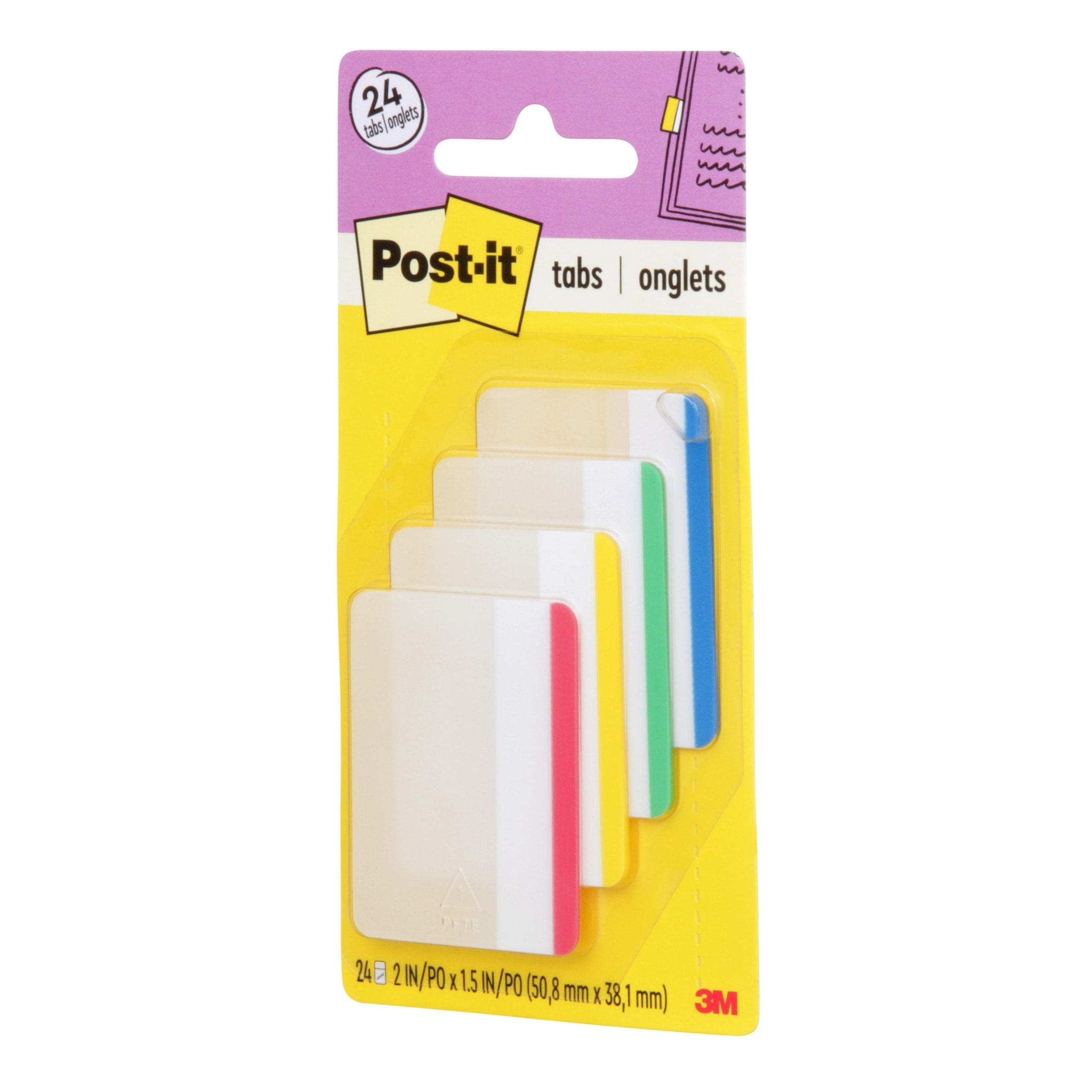 (2 pack) Post-it Tabs, 2 in., Lined, 6 Assorted Primary Colors, 24 Tabs