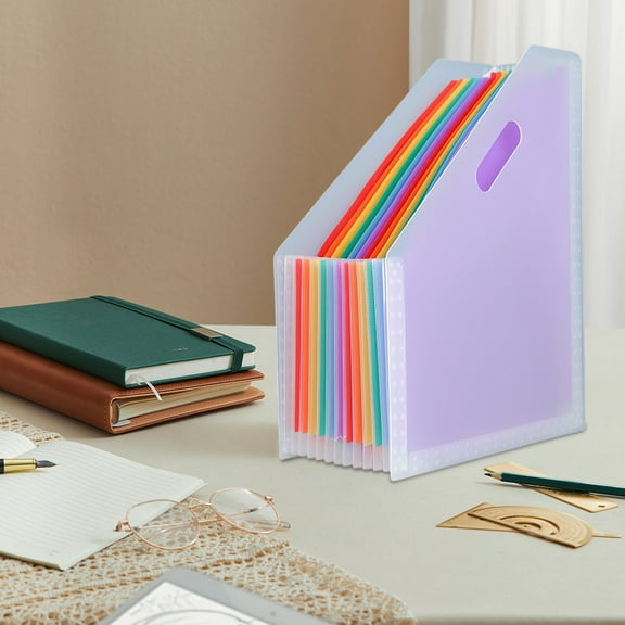 RKZDSR Slanted Vertical File Organizer - A4 Large Capacity Document Holder with Multi-Compartment Design, Retractable Storage Folder for Office/Home (12.8x10.1in, Blue/Pink/Clear)