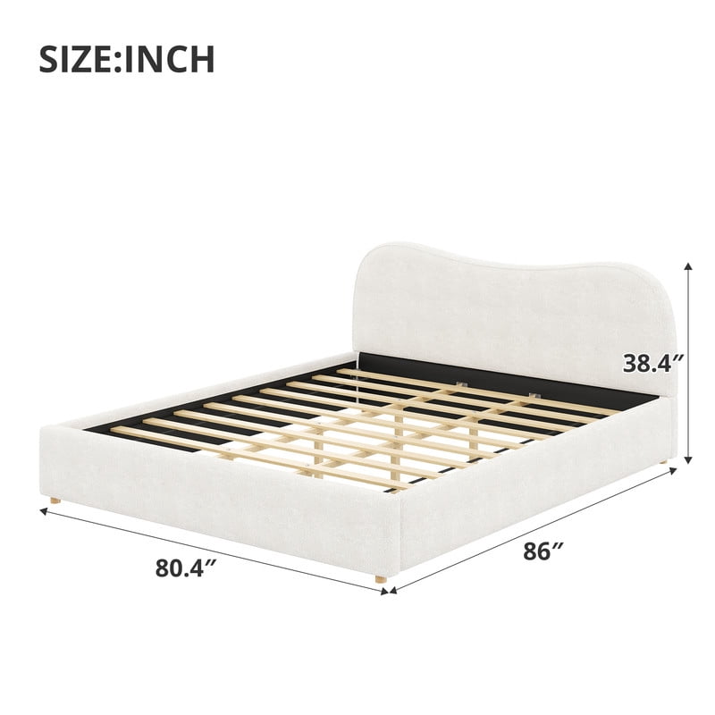 King Size Boucle Upholstered Platform Bed with Wooden Slats, Short Legs Low-Profile Bed Frame with Curved Headboard