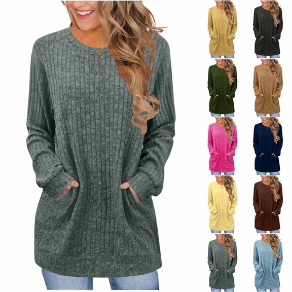 ShiShine Women's Long Sleeves Crew Neck Shirts Loose Fit Tunic Tops Dressy Pullover With Pockets