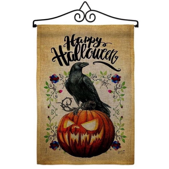 Angeleno Heritage GS130411-DB-02 Crow & Pumpkin Falltime Halloween 13 x 18.5. in. Double-Sided Decorative Horizontal House Garden Flag Set for Decoration Banner Yard Gift