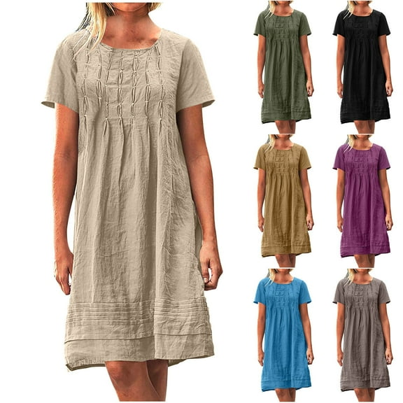 Yteetum Summer Dresses for Women 2025 Pleated Cotton Linen Midi Dresses Crewneck Short Sleeve Sundress Casual Loose Comfortable T Shirts Round Neck Beach Vacation Knee Length Dress with Pockets