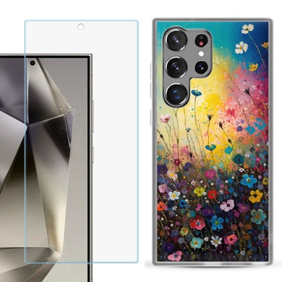 OneToughShield ® Compatible with Samsung Galaxy S24 Ultra, Shockproof Phone Case, with Tempered Glass Screen Protector - Flower Field