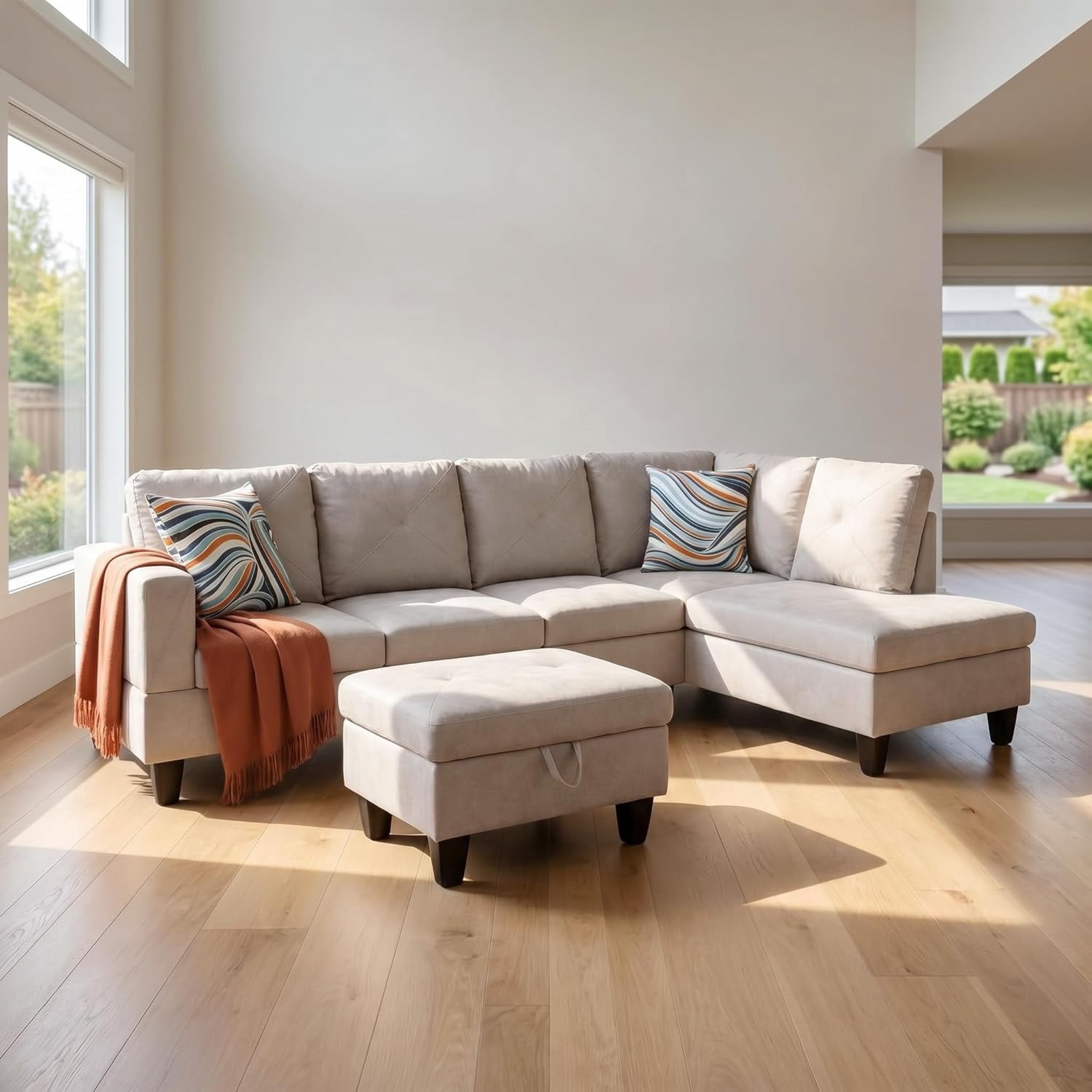 3-Piece L-Shaped Sectional Sofa with Movable Chaise & Storage Ottoman, Flannelette Living Room Modular Convertible Couches Set for Home Apartment Office, Off-White