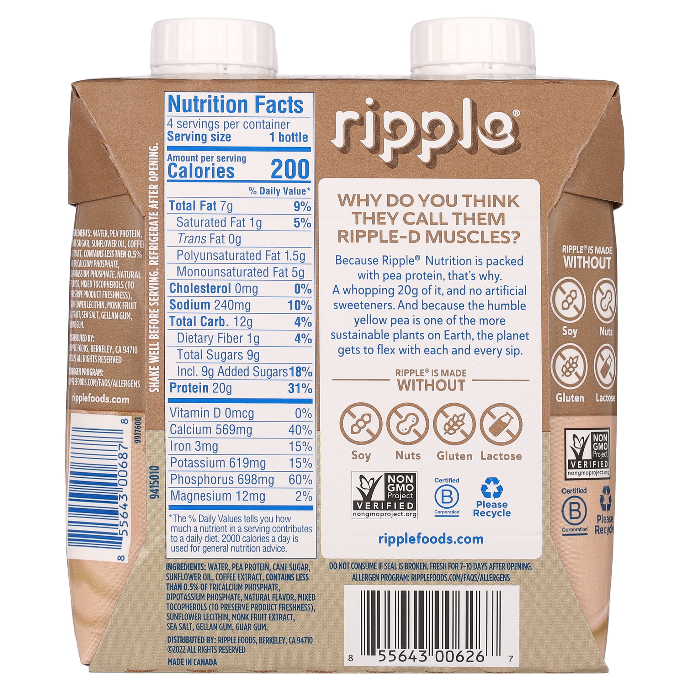 (2 pack) Ripple Coffee flavored Vegan Protein Shake, Shelf Stable 11 fl oz Pk of 4