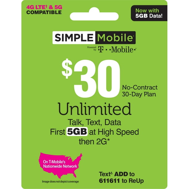 Simple Mobile $30 Unlimited 30-Day Prepaid Plan (5GB at high speeds ...