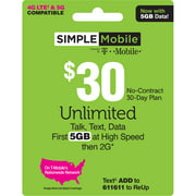 Simple Mobile $30 Unlimited 30-Day Prepaid Plan (5GB at high speeds) + International Calling Credit e-PIN Top Up (Email Delivery)