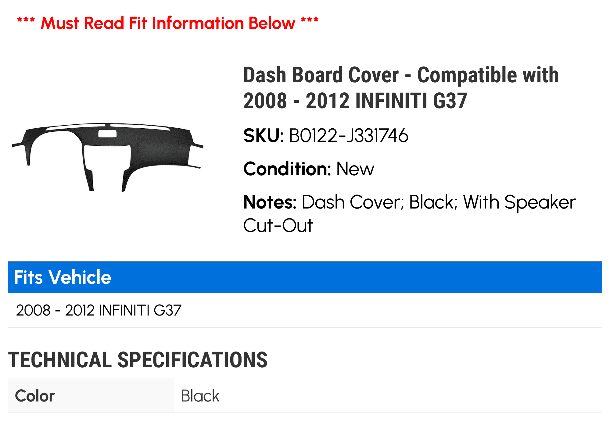 Dash Board Cover - Compatible with 2008 - 2012 INFINITI G37 2009 2010 2011