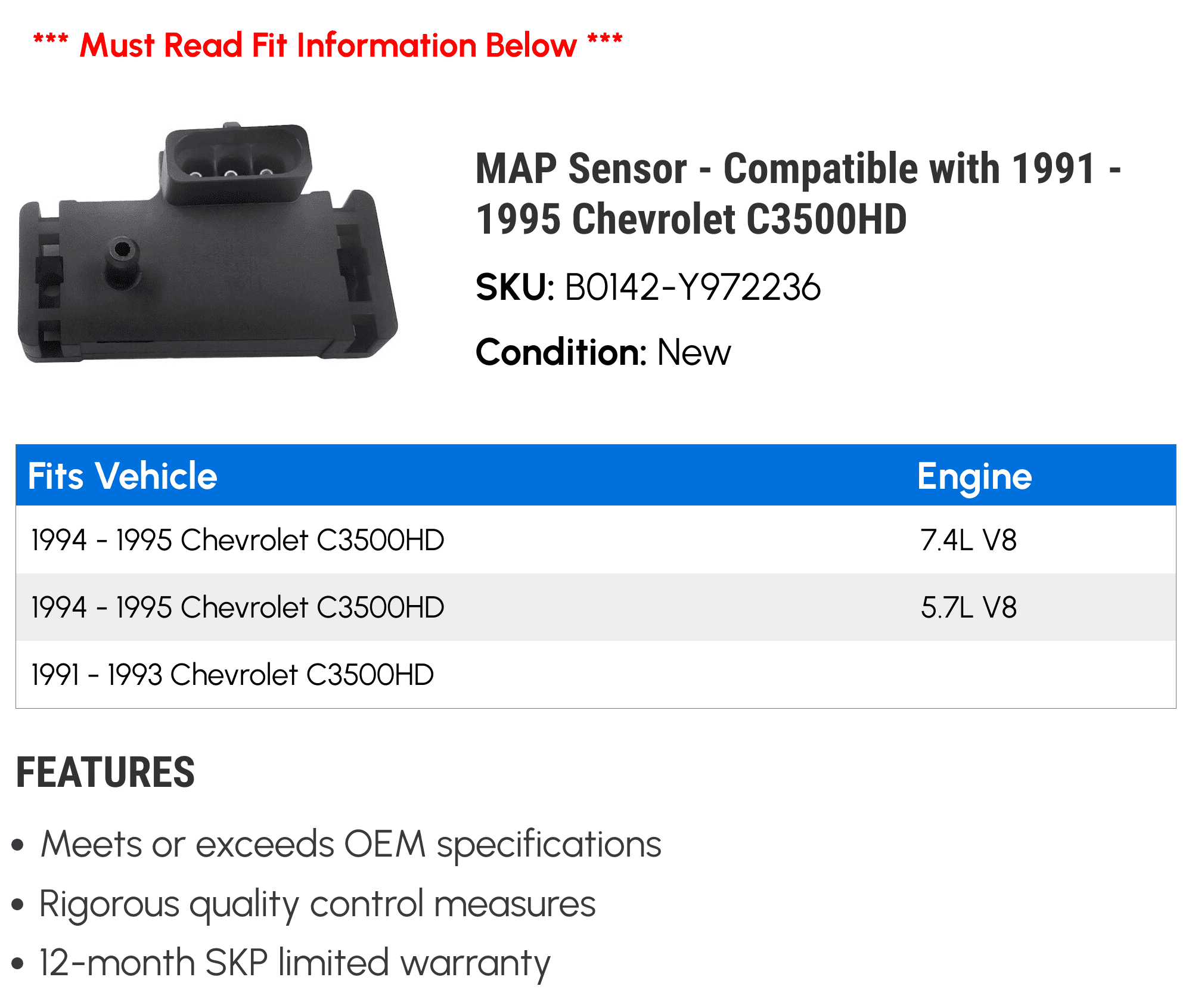 MAP Sensor - Compatible with 1991 - 1995 Chevy C3500HD 1992 1993 1994