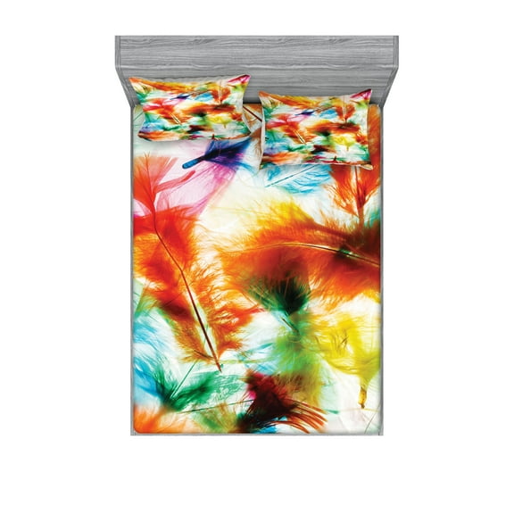 Ambesonne Colorful Fitted Sheet & Pillow Sham Set, Puffy Dreamy Feathers, Full, Multicolor