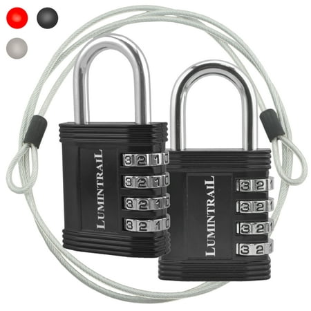 2 Pack Lumintrail Combination Padlock w/ 2x LKC3 4' Braided Steel Security Cable - 4 digit lock 1